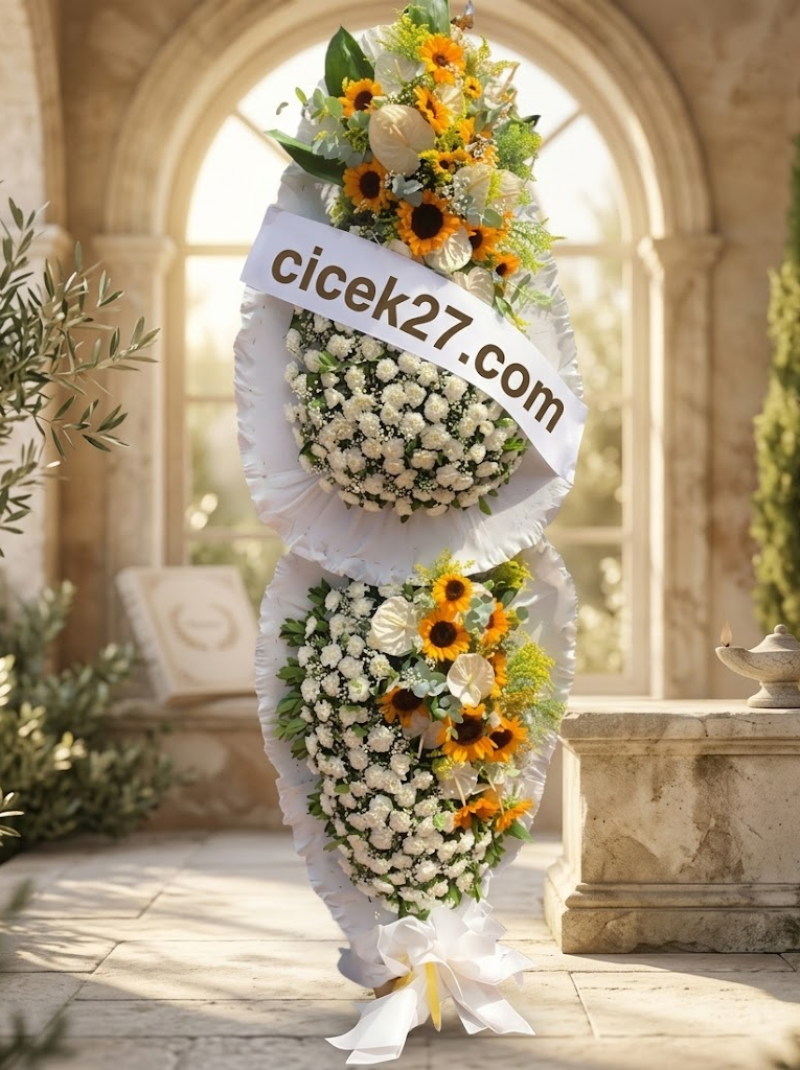 Premium Ayçiçeği ve Beyaz Krizantem Düğün ve Açılış Çelengi