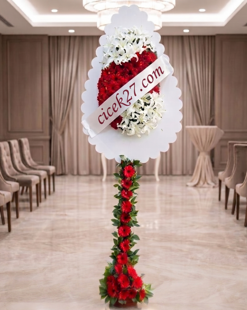 Butik Beyaz Lilyum & Kırmızı Gerbera Çelenk